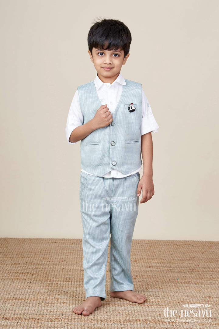 The Nesavu Boys Casual Set Boys Cotton Party Outfit with Printed Shirt and Matching Jacket Set Nesavu 16 (1Y) / Blue BCS435A-16 Nesavu boys cotton party wear set printed shirt checked jacket bow tie festive events