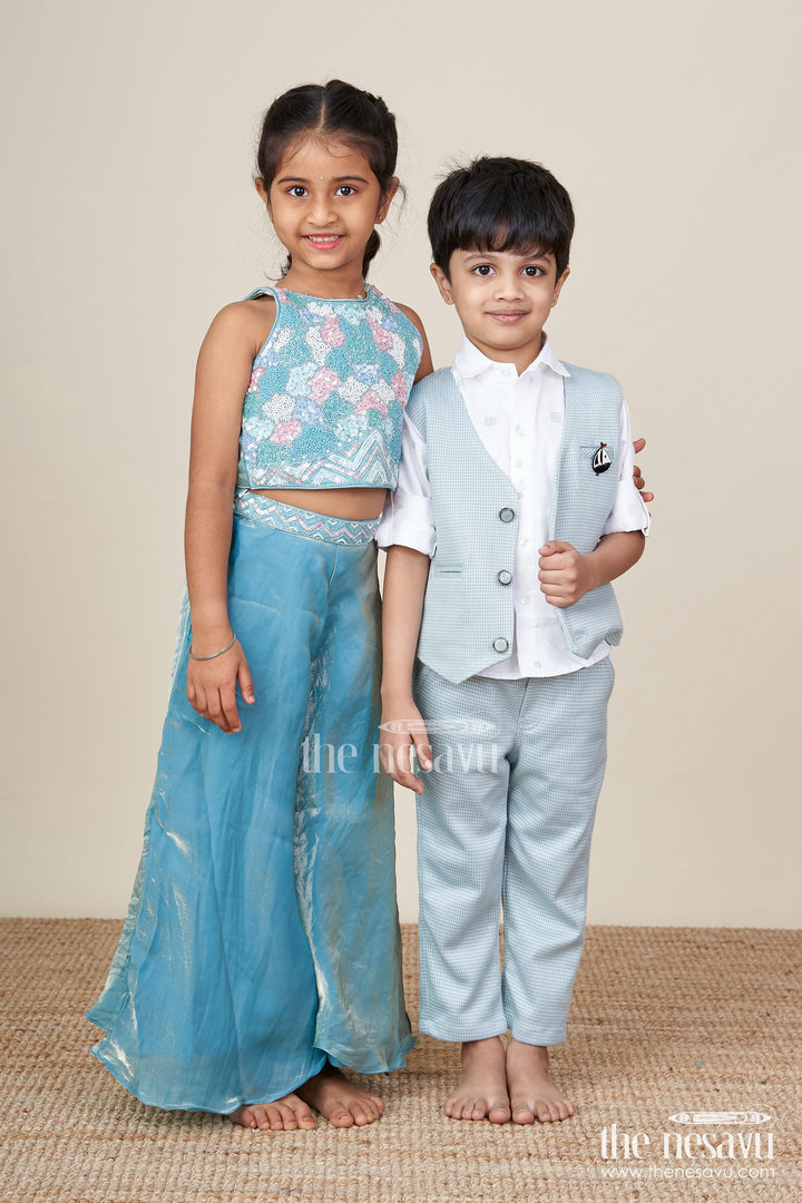 The Nesavu Boys Casual Set Boys Cotton Party Outfit with Printed Shirt and Matching Jacket Set Nesavu Nesavu boys cotton party wear set printed shirt checked jacket bow tie festive events