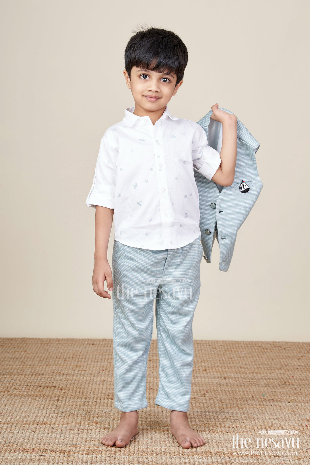 The Nesavu Boys Casual Set Boys Cotton Party Outfit with Printed Shirt and Matching Jacket Set Nesavu Nesavu boys cotton party wear set printed shirt checked jacket bow tie festive events