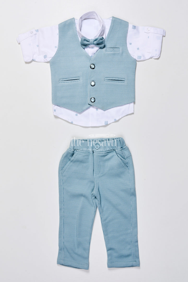 The Nesavu Boys Casual Set Boys Cotton Party Outfit with Printed Shirt and Matching Jacket Set Nesavu Nesavu boys cotton party wear set printed shirt checked jacket bow tie festive events