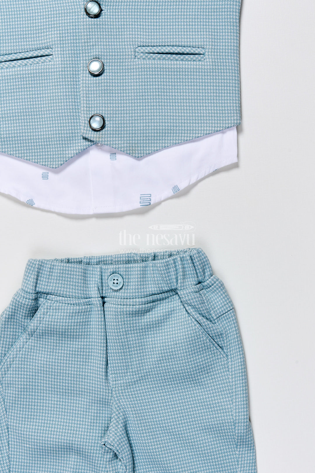 The Nesavu Boys Casual Set Boys Cotton Party Outfit with Printed Shirt and Matching Jacket Set Nesavu Nesavu boys cotton party wear set printed shirt checked jacket bow tie festive events