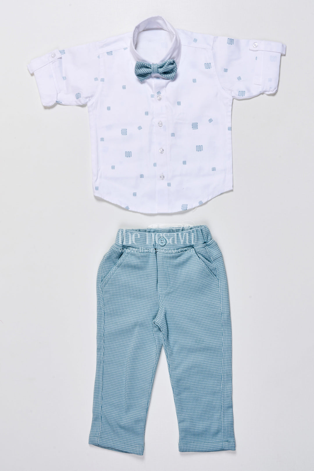 The Nesavu Boys Casual Set Boys Cotton Party Outfit with Printed Shirt and Matching Jacket Set Nesavu Nesavu boys cotton party wear set printed shirt checked jacket bow tie festive events