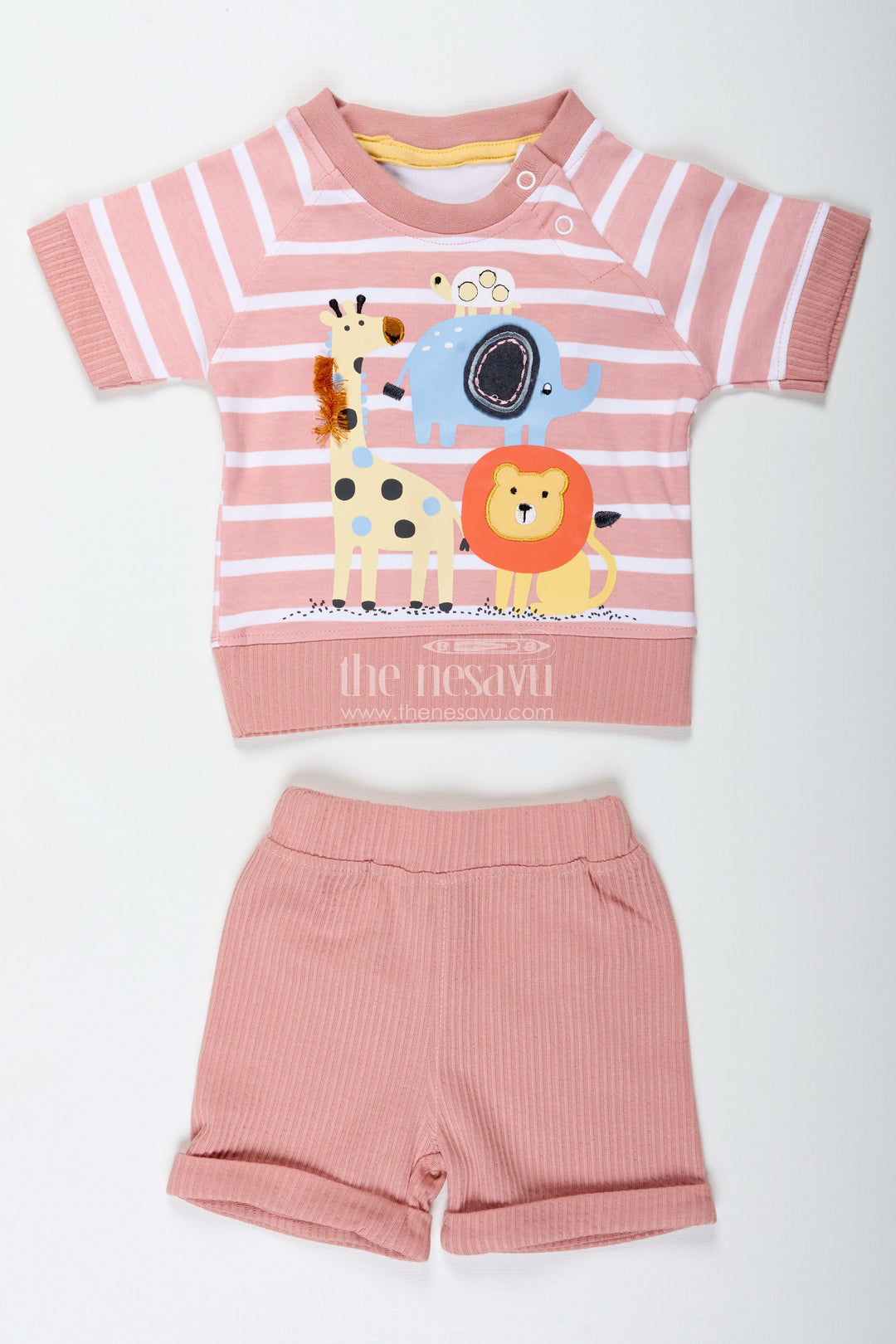 The Nesavu Boys Casual Set Boys Cotton Peach Casual Dress with Striped Tee and Animal Digital Print for Playful Comfort Nesavu 14 (6M) / Peach BCS289A-14 Nesavu Boys Cotton Peach Casual Dress Set Animal Digital Print Striped Tee Everyday Fun