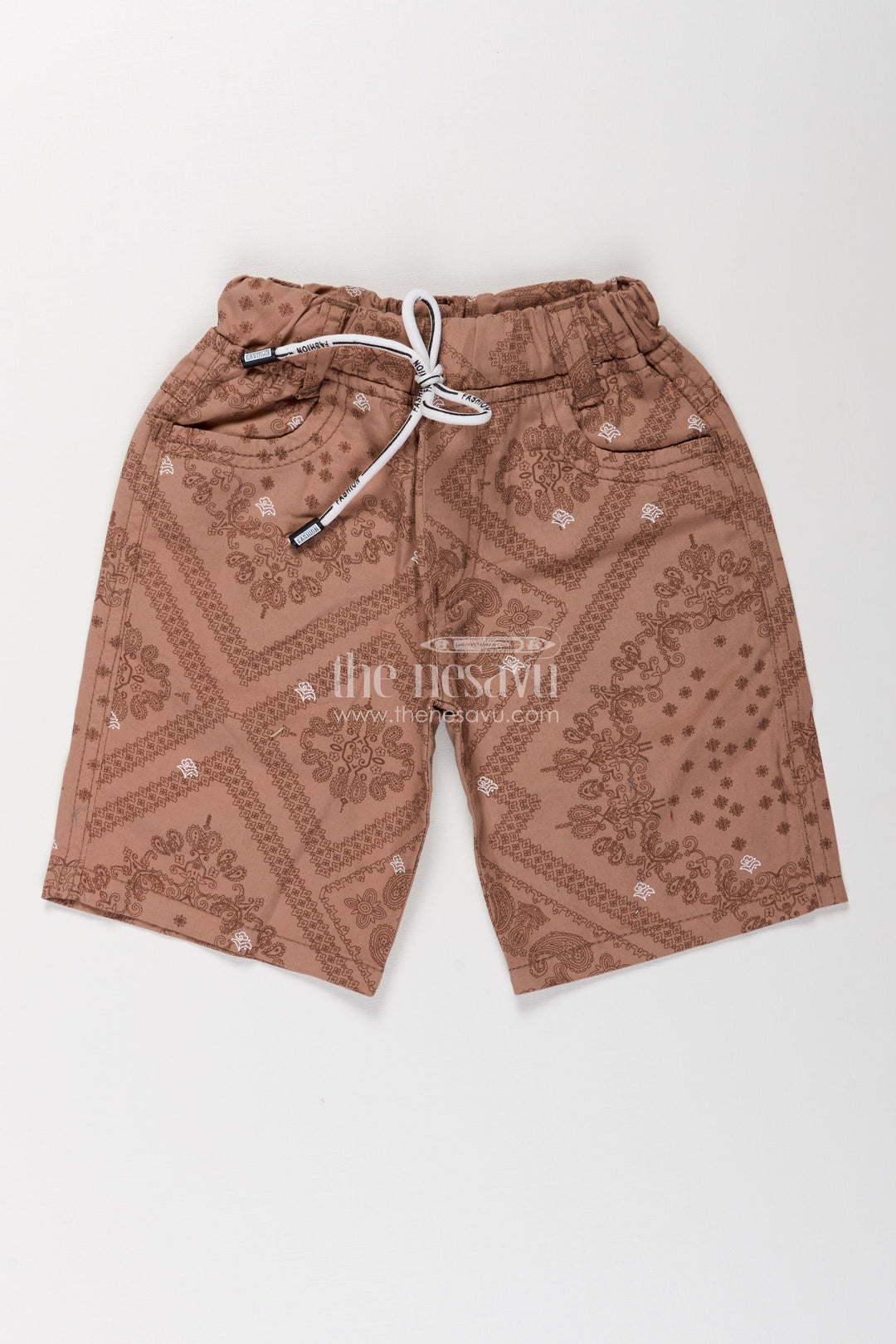 The Nesavu Boys Shorts Boys Cotton Peach Shorts with Paisley Digital Print and Flexible Drawstring Fit for Active Days Nesavu 16 (1Y) / Peach BWS021CA-16 Nesavu Boys Peach Cotton Shorts Digital Paisley Print Adjustable Waistband