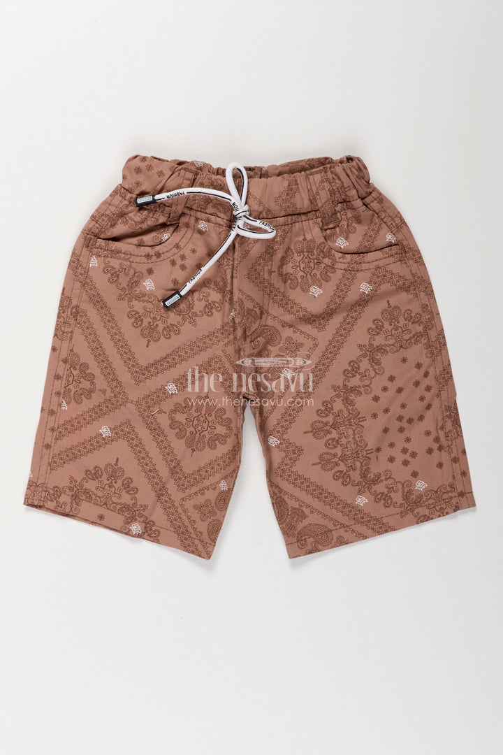 The Nesavu Boys Shorts Boys Cotton Peach Shorts with Paisley Digital Print and Flexible Drawstring Fit for Active Days Nesavu 16 (1Y) / Peach BWS021CA-16 Nesavu Boys Peach Cotton Shorts Digital Paisley Print Adjustable Waistband