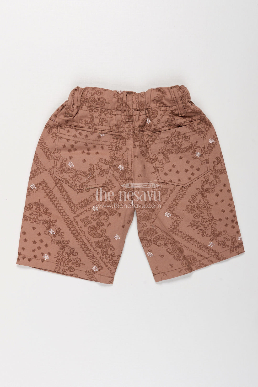 The Nesavu Boys Shorts Boys Cotton Peach Shorts with Paisley Digital Print and Flexible Drawstring Fit for Active Days Nesavu Nesavu Boys Peach Cotton Shorts Digital Paisley Print Adjustable Waistband