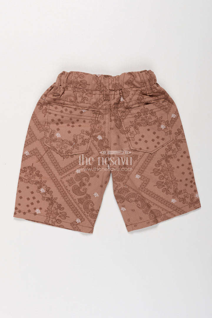 The Nesavu Boys Shorts Boys Cotton Peach Shorts with Paisley Digital Print and Flexible Drawstring Fit for Active Days Nesavu Nesavu Boys Peach Cotton Shorts Digital Paisley Print Adjustable Waistband