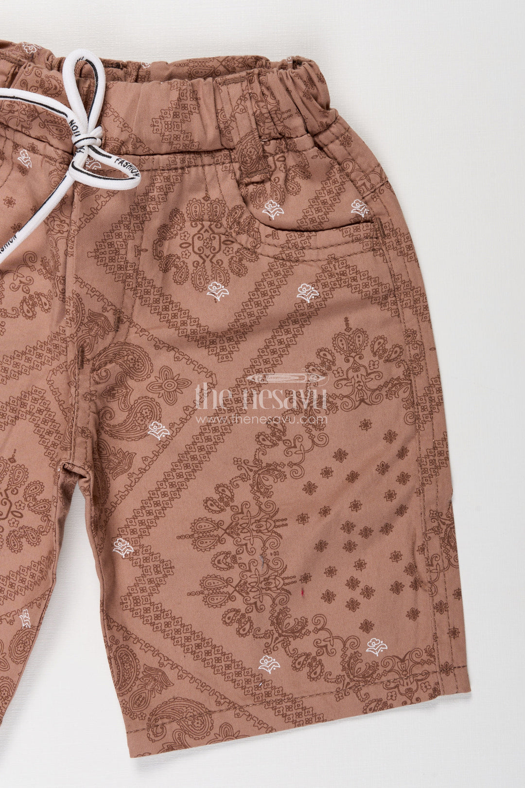 The Nesavu Boys Shorts Boys Cotton Peach Shorts with Paisley Digital Print and Flexible Drawstring Fit for Active Days Nesavu Nesavu Boys Peach Cotton Shorts Digital Paisley Print Adjustable Waistband