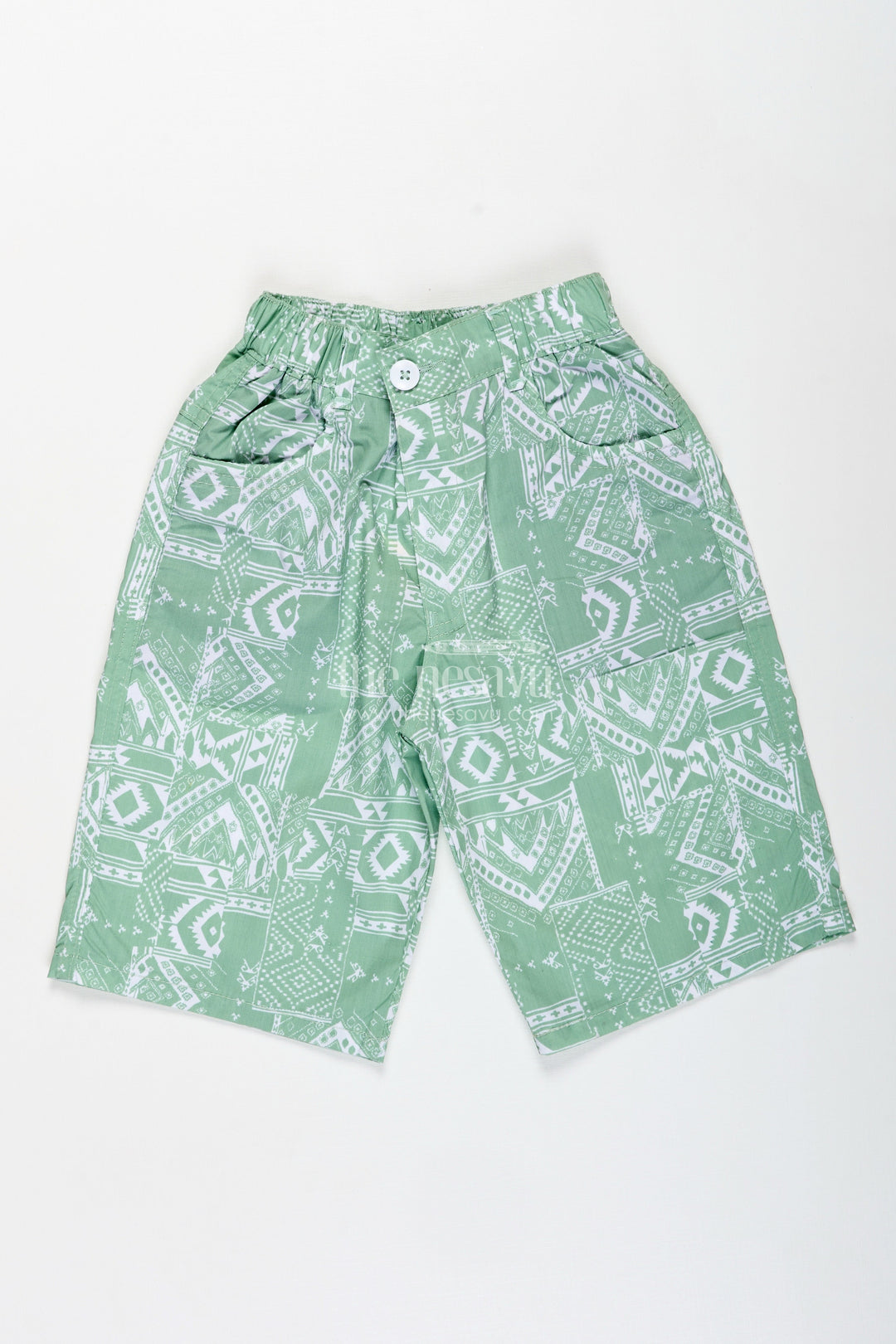 The Nesavu Boys Shorts Boys Cotton Print Short Dress Style Shorts with Paisley Digital Pattern and Comfortable Fit Nesavu 16 (1Y) / Green / Style 2 BWS022CB-30 Nesavu Boys Green Cotton Shorts Print Short Dress Style Paisley Pattern Elastic Waist