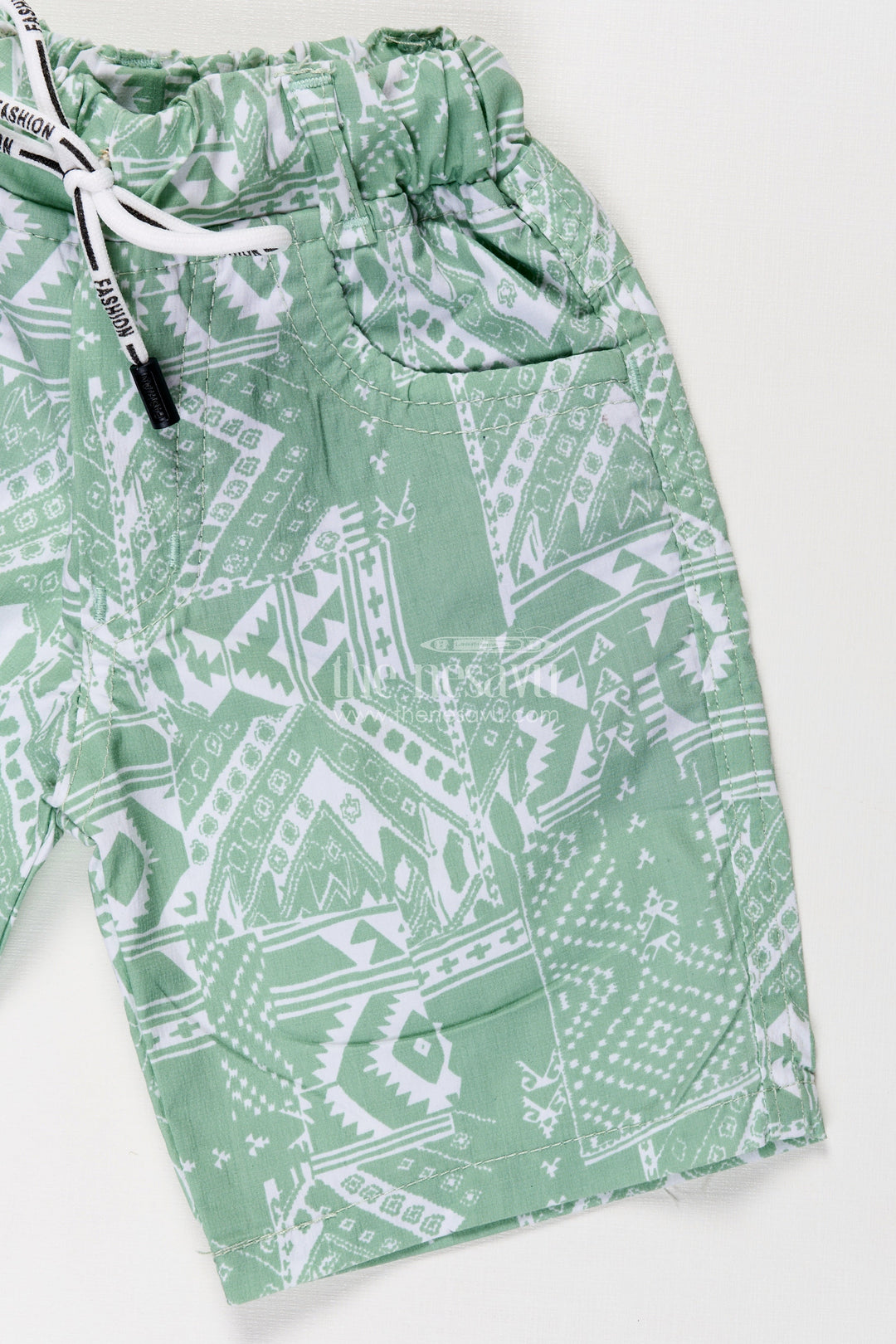 The Nesavu Boys Shorts Boys Cotton Print Short Dress Style Shorts with Paisley Digital Pattern and Comfortable Fit Nesavu Nesavu Boys Green Cotton Shorts Print Short Dress Style Paisley Pattern Elastic Waist