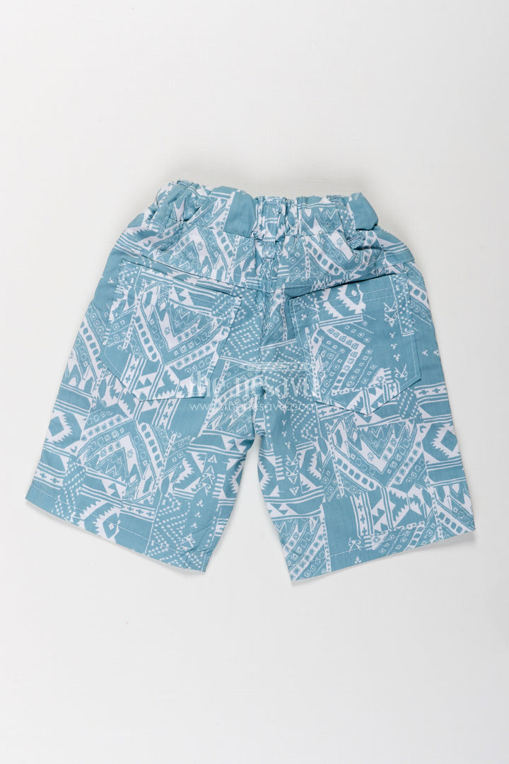 The Nesavu Boys Shorts Boys Cotton Print Shorts with Blue Paisley Digital Design and Soft Adjustable Waist Nesavu Nesavu Boys Blue Cotton Print Shorts Paisley Design Adjustable Elastic Waist