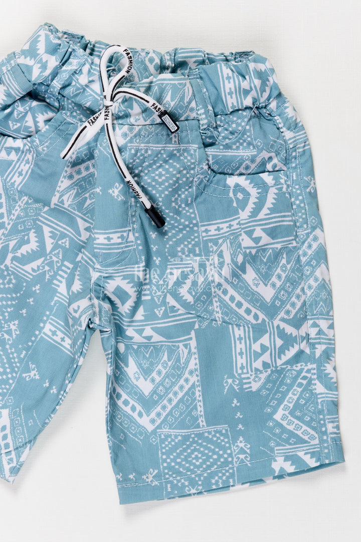 The Nesavu Boys Shorts Boys Cotton Print Shorts with Blue Paisley Digital Design and Soft Adjustable Waist Nesavu Nesavu Boys Blue Cotton Print Shorts Paisley Design Adjustable Elastic Waist
