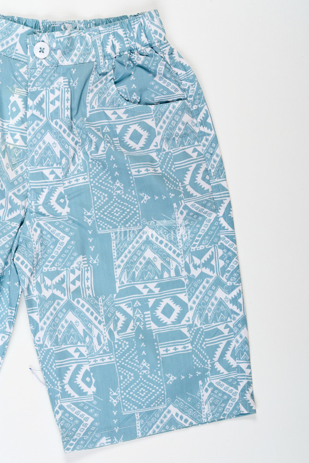 The Nesavu Boys Shorts Boys Cotton Print Shorts with Blue Paisley Digital Design and Soft Adjustable Waist Nesavu Nesavu Boys Blue Cotton Print Shorts Paisley Design Adjustable Elastic Waist