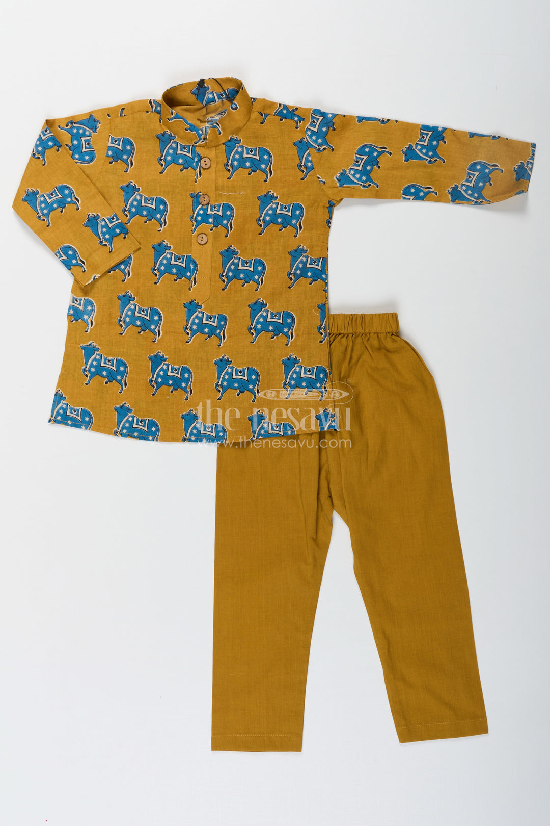 The Nesavu Boys Kurtha Set Boys Cotton Printed Kurta with Traditional Pichwai Motifs and Matching Pants in Mustard Nesavu 12 (3M) / Yellow BES660B-12 Boys Cotton Printed Kurta Traditional Pichwai Motifs Matching Pants | The Nesavu