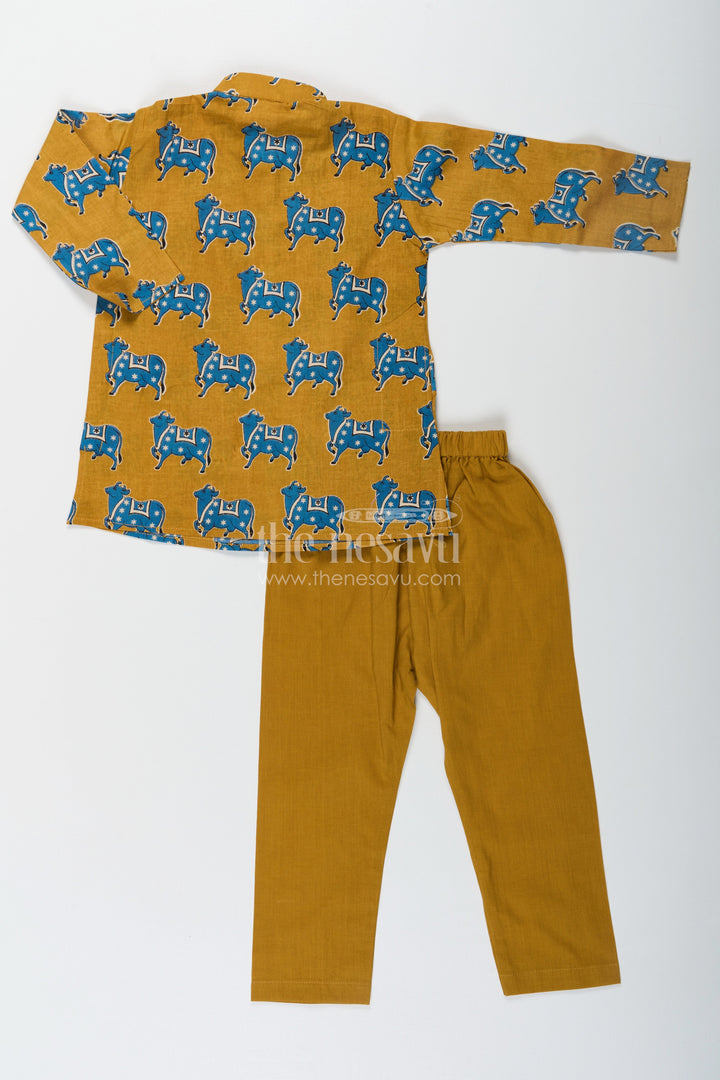 The Nesavu Boys Kurtha Set Boys Cotton Printed Kurta with Traditional Pichwai Motifs and Matching Pants in Mustard Nesavu Boys Cotton Printed Kurta Traditional Pichwai Motifs Matching Pants | The Nesavu
