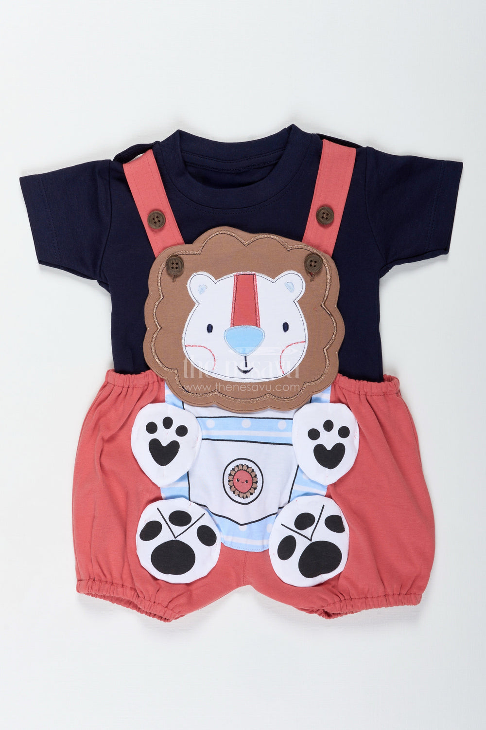 The Nesavu Boys Casual Set Boys Cotton Red Summer Dress Casual Set with Lion Print and Dungaree-Inspired Fun for Daily Outings Nesavu Nesavu Boys Cotton Summer Set Red Dungaree Style Casual Lion Print Outfit Everyday Use