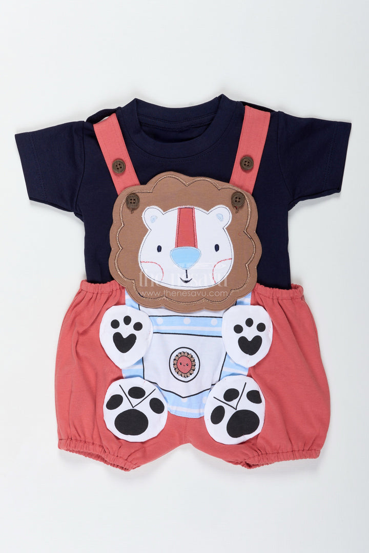 The Nesavu Boys Casual Set Boys Cotton Red Summer Dress Casual Set with Lion Print and Dungaree-Inspired Fun for Daily Outings Nesavu Nesavu Boys Cotton Summer Set Red Dungaree Style Casual Lion Print Outfit Everyday Use