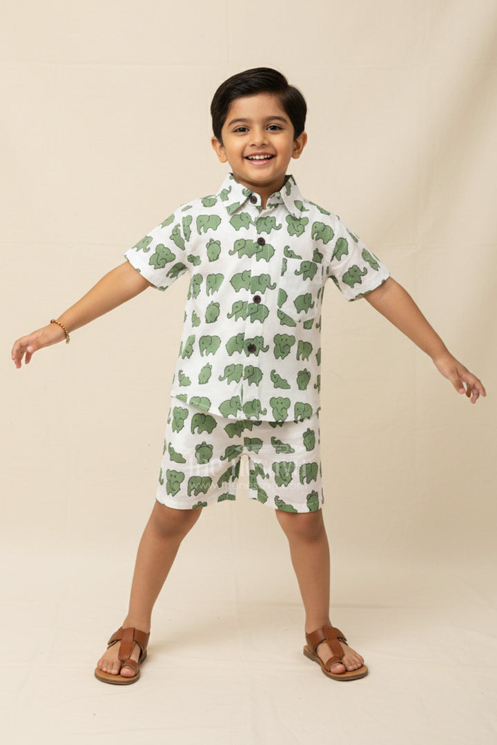 The Nesavu Boys Casual Set Boys Cotton Set with Elephant Print for Everyday Adventures Nesavu 16 (1Y) / Green BCS407B-16 Nesavu toddler boys elephant print co-ord set  cotton casual outfit daily comfort play