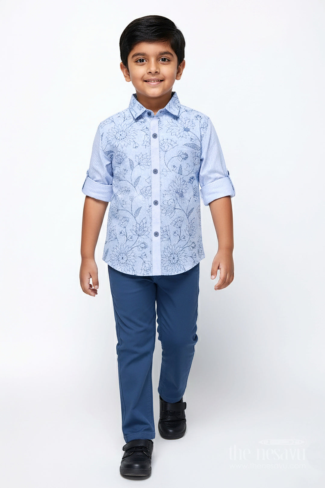 The Nesavu Boys Casual Set Boys Cotton Set with Embroidered Shirt for Smart Casual Dressing Nesavu 16 (1Y) / Blue BCS465A-16 Nesavu boys embroidered cotton shirt set smart casual events dinners festive dressing
