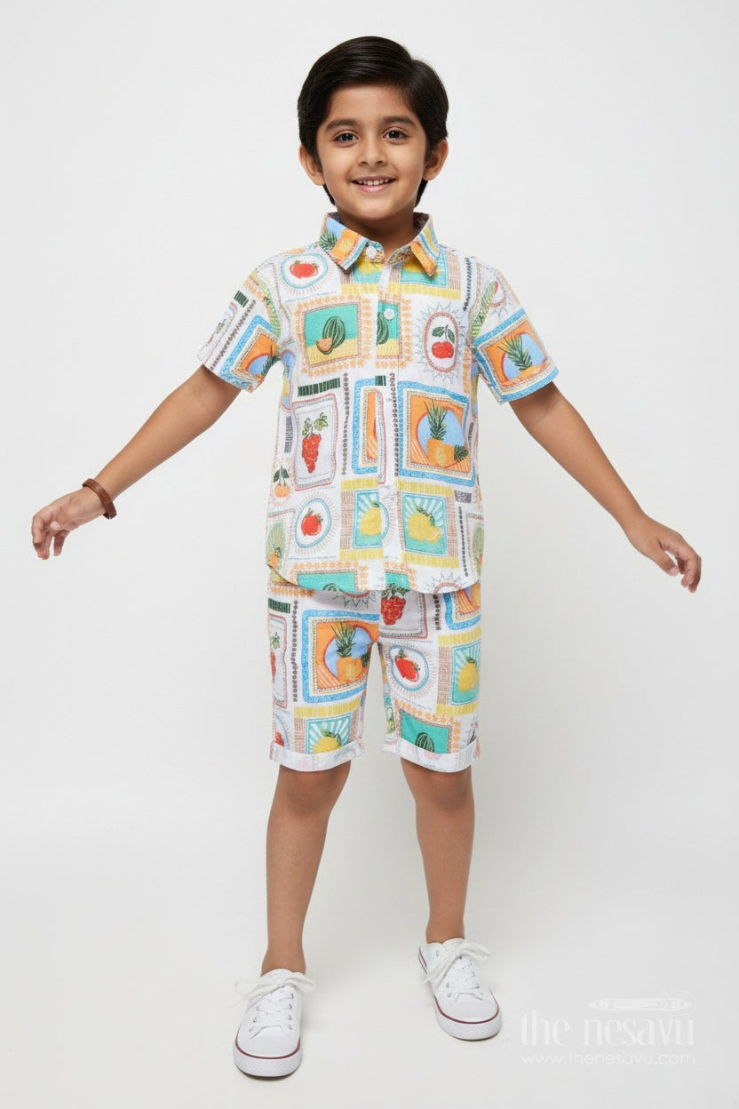 The Nesavu Boys Casual Set Boys Cotton Set with Fruit Print for Summer Play and Daily Wear Nesavu 16 (1Y) / White BCS461B-16 Nesavu boys cotton casual set fruit digital print summer play everyday dressing