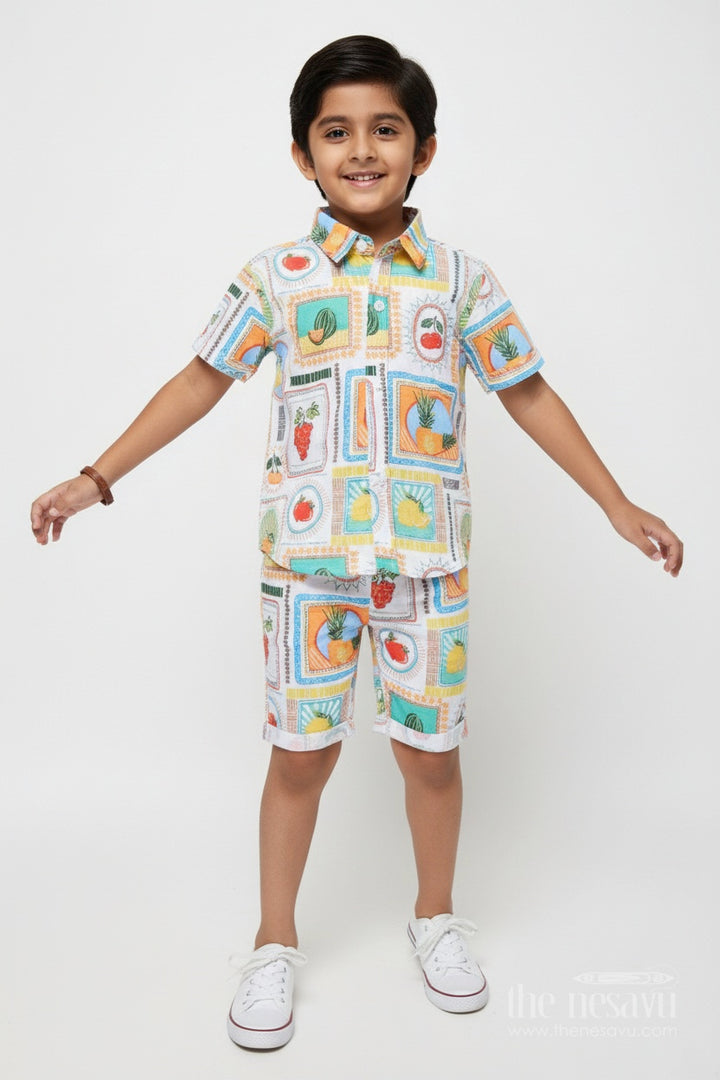The Nesavu Boys Casual Set Boys Cotton Set with Fruit Print for Summer Play and Daily Wear Nesavu 16 (1Y) / White BCS461B-16 Nesavu boys cotton casual set fruit digital print summer play everyday dressing