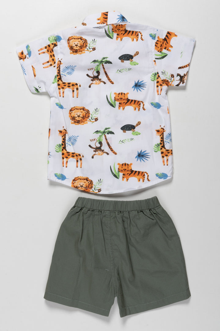 The Nesavu Boys Casual Set Boys Cotton Set with Jungle Theme and Print Design On Shirt Featuring Animal Motifs and Green Shorts Nesavu Nesavu Boys Cotton Set Jungle Print Shirt Green Shorts Fun Casual Outings