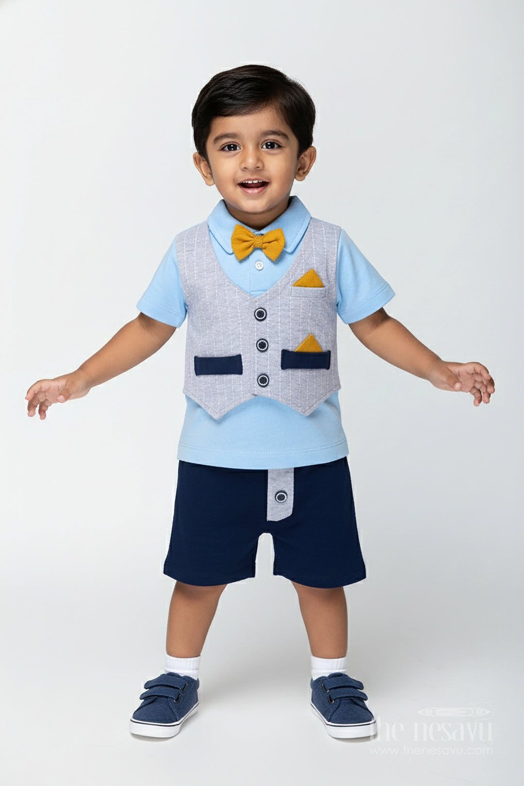 The Nesavu Boys Casual Set Boys Cotton Shirt and Shorts Set with Yellow Bow Tie and Textured Vest for Semi Formal Summer Style Nesavu 14 (6M) / Blue BCS312B-14 Nesavu Boys Cotton Shirt Shorts Set Yellow Bow Tie Striped Vest Casual Dressy Look