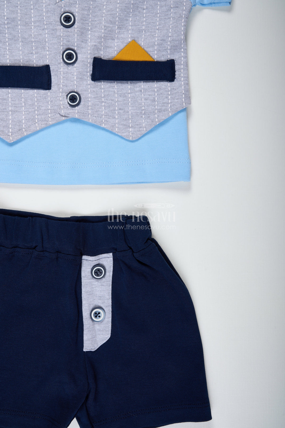 The Nesavu Boys Casual Set Boys Cotton Shirt and Shorts Set with Yellow Bow Tie and Textured Vest for Semi Formal Summer Style Nesavu Nesavu Boys Cotton Shirt Shorts Set Yellow Bow Tie Striped Vest Casual Dressy Look