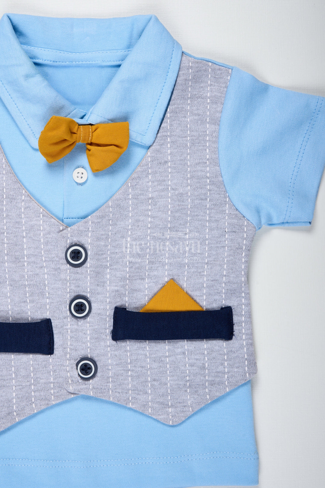 The Nesavu Boys Casual Set Boys Cotton Shirt and Shorts Set with Yellow Bow Tie and Textured Vest for Semi Formal Summer Style Nesavu Nesavu Boys Cotton Shirt Shorts Set Yellow Bow Tie Striped Vest Casual Dressy Look