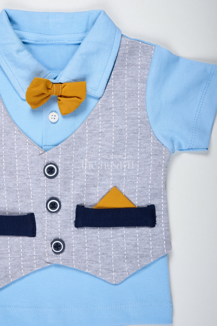 The Nesavu Boys Casual Set Boys Cotton Shirt and Shorts Set with Yellow Bow Tie and Textured Vest for Semi Formal Summer Style Nesavu Nesavu Boys Cotton Shirt Shorts Set Yellow Bow Tie Striped Vest Casual Dressy Look