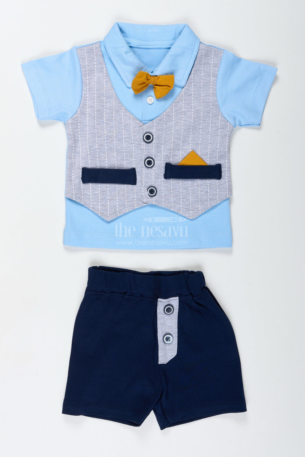 The Nesavu Boys Casual Set Boys Cotton Shirt and Shorts Set with Yellow Bow Tie and Textured Vest for Semi Formal Summer Style Nesavu Nesavu Boys Cotton Shirt Shorts Set Yellow Bow Tie Striped Vest Casual Dressy Look