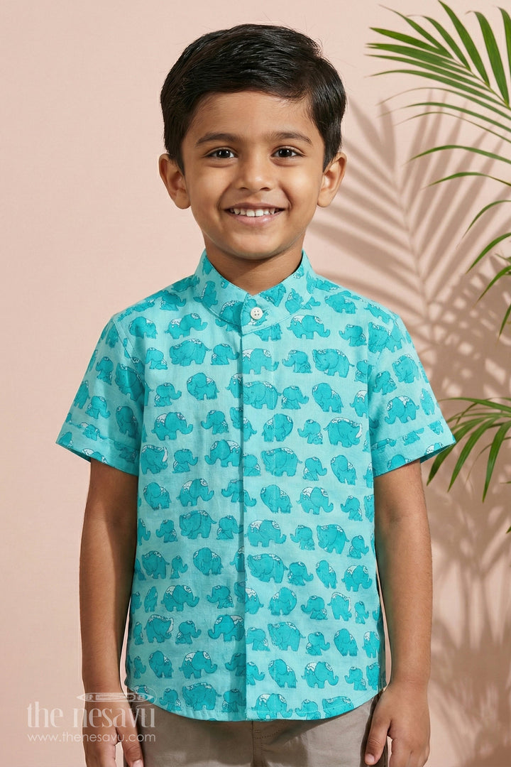 The Nesavu Boys Cotton Shirt Boys Cotton Shirt Aqua Elephant Print Festive Shirts Nesavu 16 (1Y) / Aqua BS182A-16 Nesavu Boys Aqua Cotton Shirt Elephant Print Festive Shirts