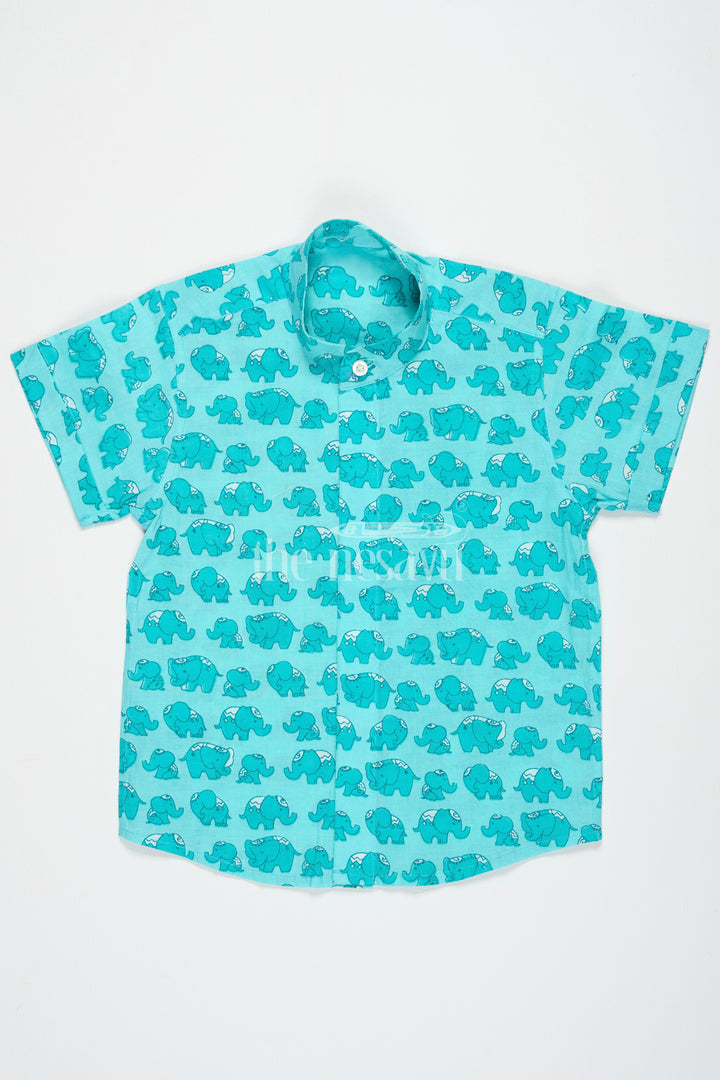 The Nesavu Boys Cotton Shirt Boys Cotton Shirt Aqua Elephant Print Festive Shirts Nesavu 16 (1Y) / Aqua BS182A-16 Nesavu Boys Aqua Cotton Shirt Elephant Print Festive Shirts