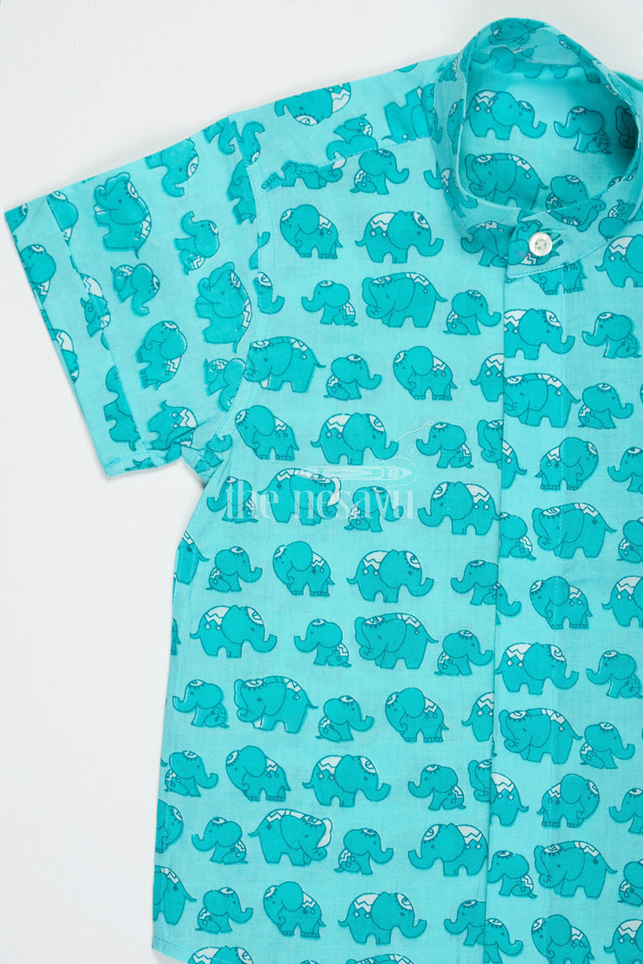 The Nesavu Boys Cotton Shirt Boys Cotton Shirt Aqua Elephant Print Festive Shirts Nesavu Nesavu Boys Aqua Cotton Shirt Elephant Print Festive Shirts