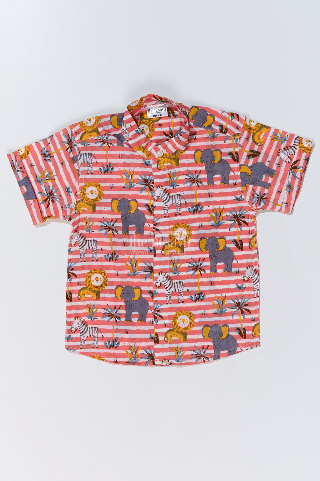 The Nesavu Boys Cotton Shirt Boys Cotton Shirt Dress in Cotton Block Print with Playful Safari Design Nesavu 16 (1Y) / Peach BS241D-16 Boys Cotton Shirt Dress Cotton Block Print Safari Animal Design | The Nesavu