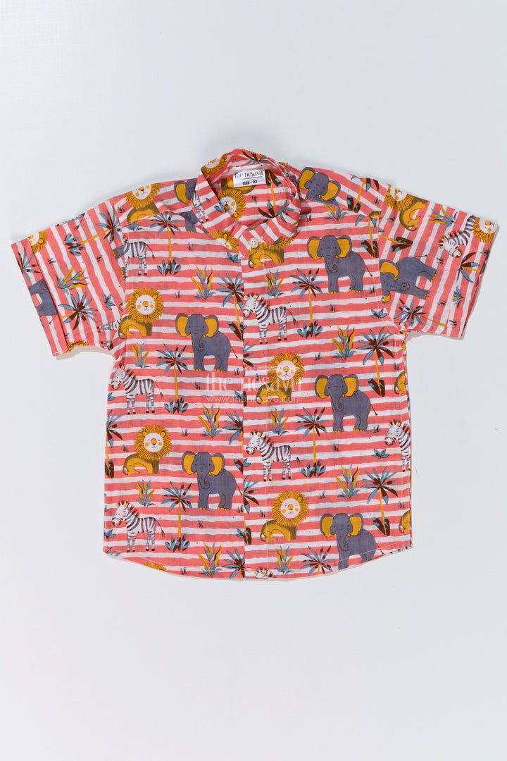 The Nesavu Boys Cotton Shirt Boys Cotton Shirt Dress in Cotton Block Print with Playful Safari Design Nesavu 16 (1Y) / Peach BS241D-16 Boys Cotton Shirt Dress Cotton Block Print Safari Animal Design | The Nesavu