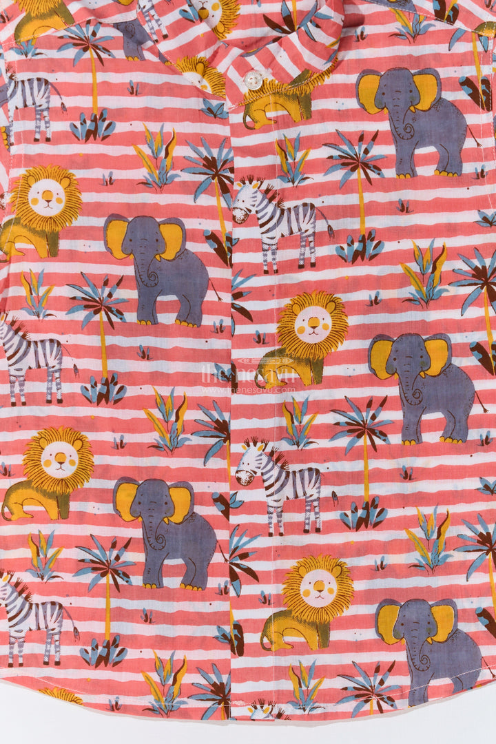 The Nesavu Boys Cotton Shirt Boys Cotton Shirt Dress in Cotton Block Print with Playful Safari Design Nesavu Boys Cotton Shirt Dress Cotton Block Print Safari Animal Design | The Nesavu