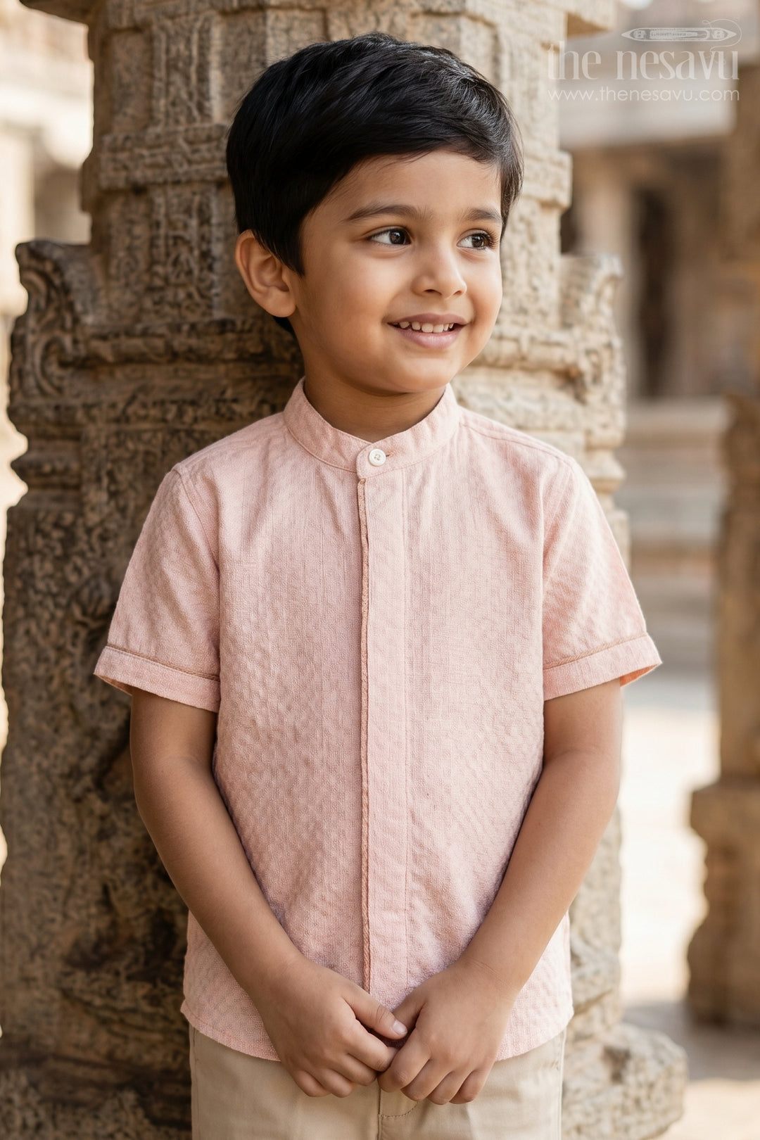 The Nesavu Boys Cotton Shirt Boys Cotton Shirt for Birthday Lunch Outings Nesavu 16 (1Y) / Pink / Cotton BS509A-16 Nesavu Boys Cotton Shirt For Birthday Lunch Outings With Mandarin Collar And Textured Finish BS509A-16