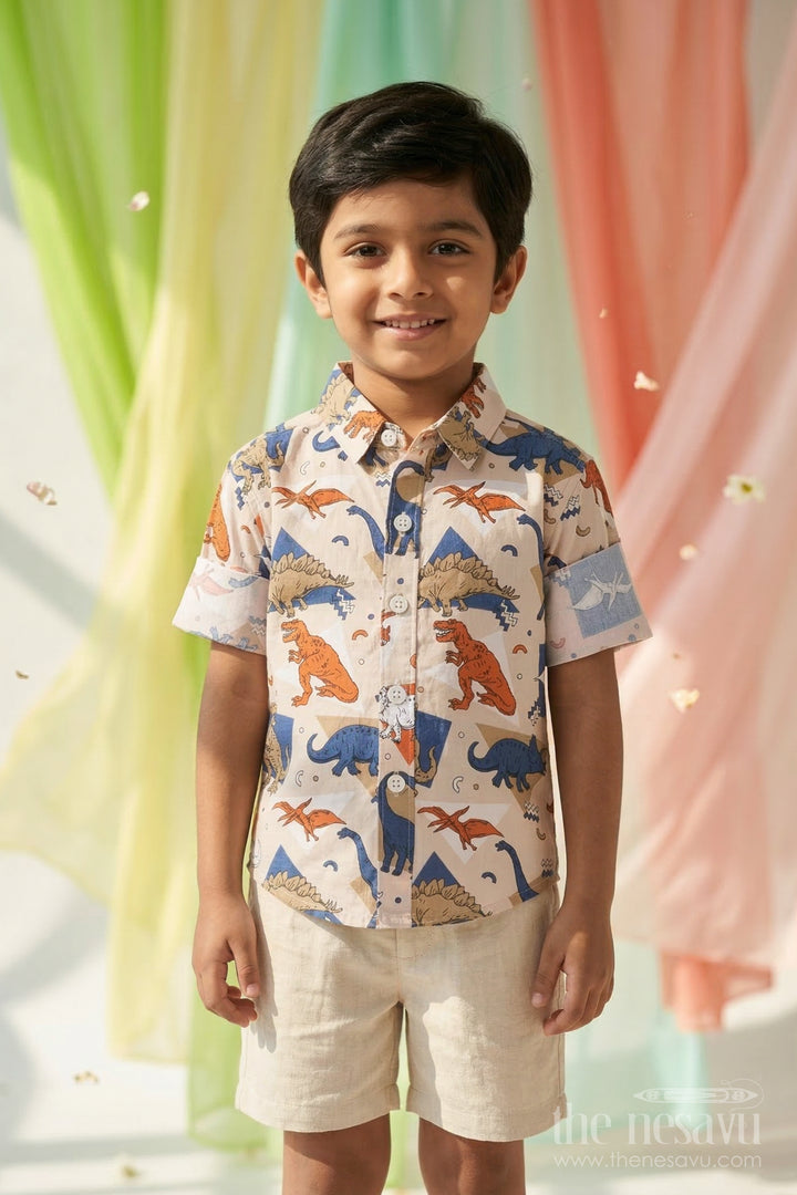 The Nesavu Boys Cotton Shirt Boys Cotton Shirt for Casual Playtime and Outings with Dinosaur Print Nesavu 14 (6M) / Blue / Cotton BS430B-14 Nesavu boys cotton dinosaur print shirt casual kids outfit for playtime and everyday wear