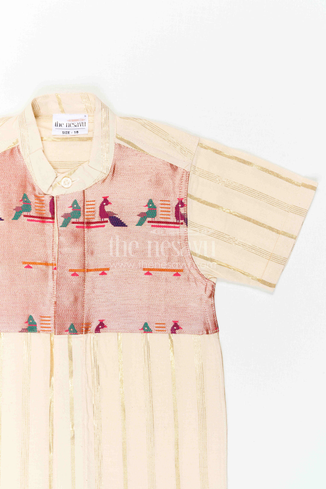 The Nesavu Boys Cotton Shirt Boys Cotton Shirt for Ethnic Day Celebrations and Festive Gatherings Nesavu Nesavu Boys Cotton Shirt With Paithani Border Yoke For Ethnic Day And Festive Occasions