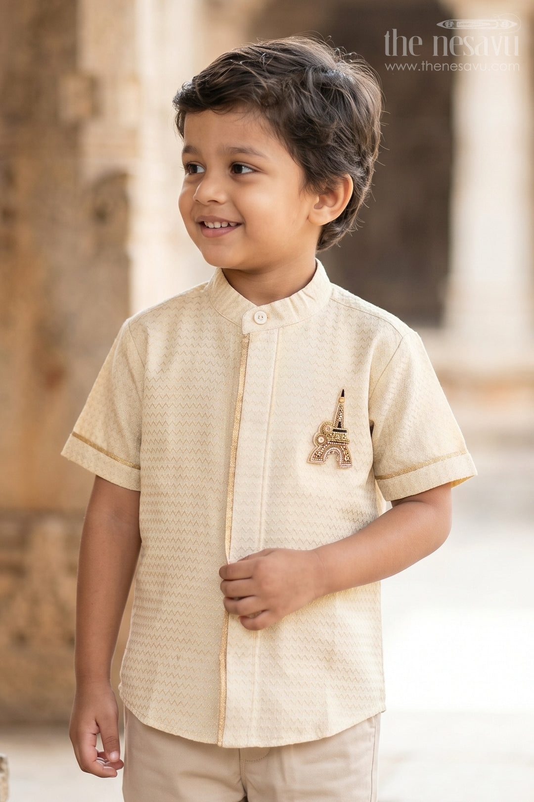 The Nesavu Boys Cotton Shirt Boys Cotton Shirt for Festive Casual Styling Nesavu 16 (1Y) / Gold / Cotton BS294B-16 Nesavu Boys Cotton Shirt For Festive Casual Styling With Mandarin Collar And Textured Finish BS294B-16