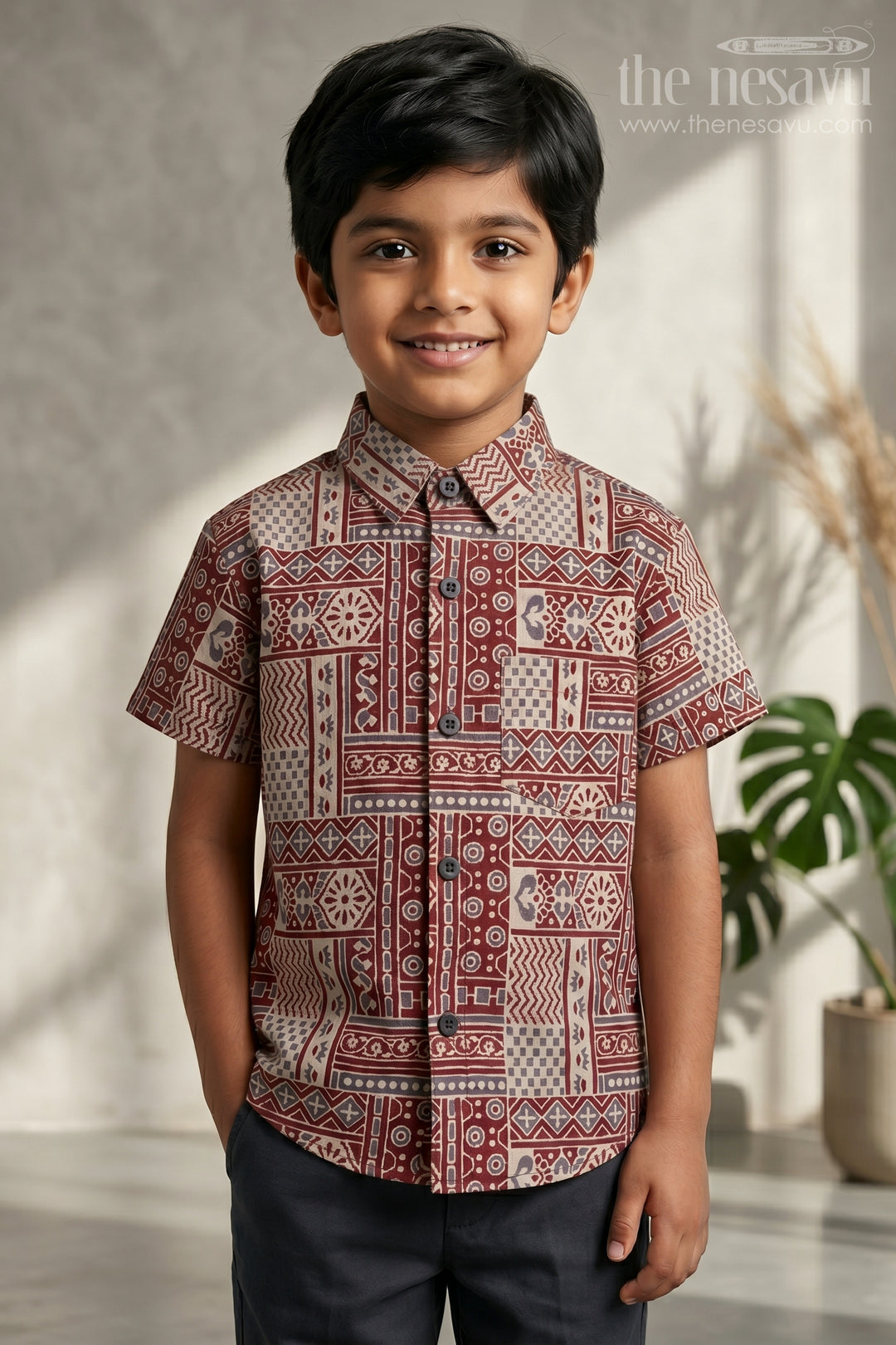 The Nesavu Boys Cotton Shirt Boys Cotton Shirt for Festive Casual Wear and Family Outings Nesavu 20 (3Y) / Brown / Cotton BS497A-20 Nesavu Boys Cotton Shirt With Patchwork Digital Print For Festive And Casual Celebrations