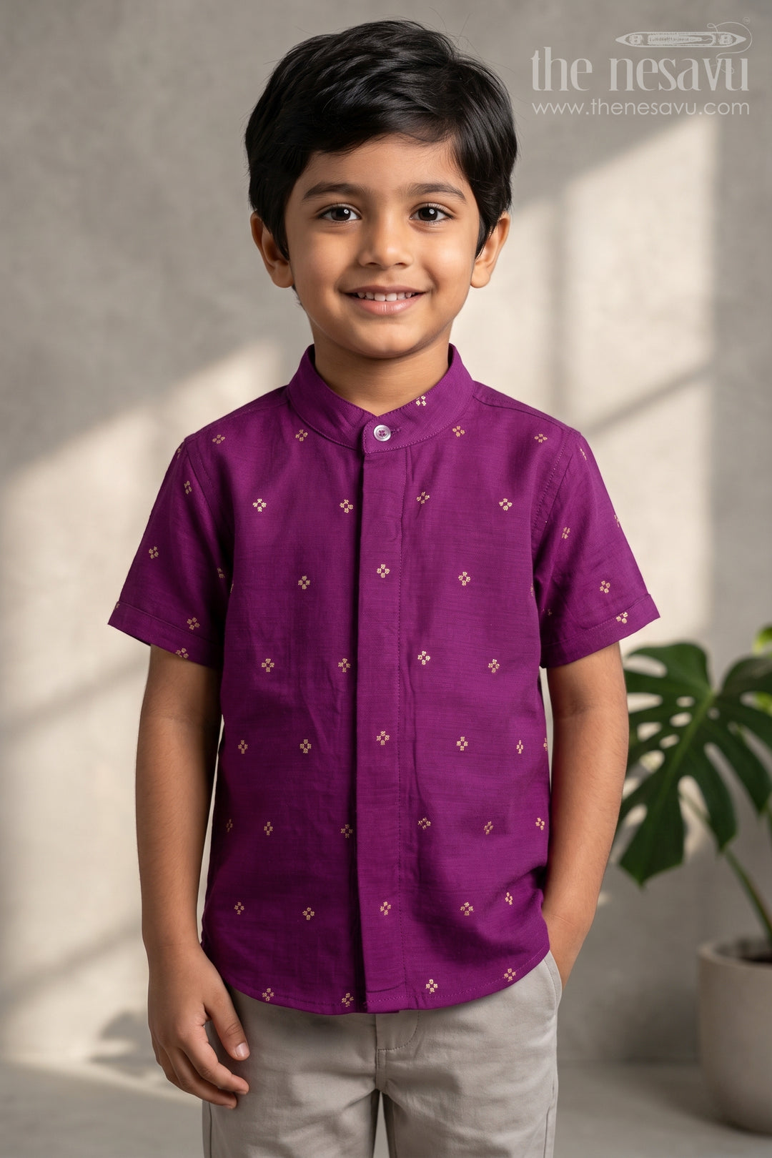 The Nesavu Boys Cotton Shirt Boys Cotton Shirt for Festive Family Outings and Casual Celebrations Nesavu 16 (1Y) / Purple / Chanderi BS506B-16 Nesavu Boys Chanderi Cotton Shirt With Jacquard Print For Festive Outings And Celebrations