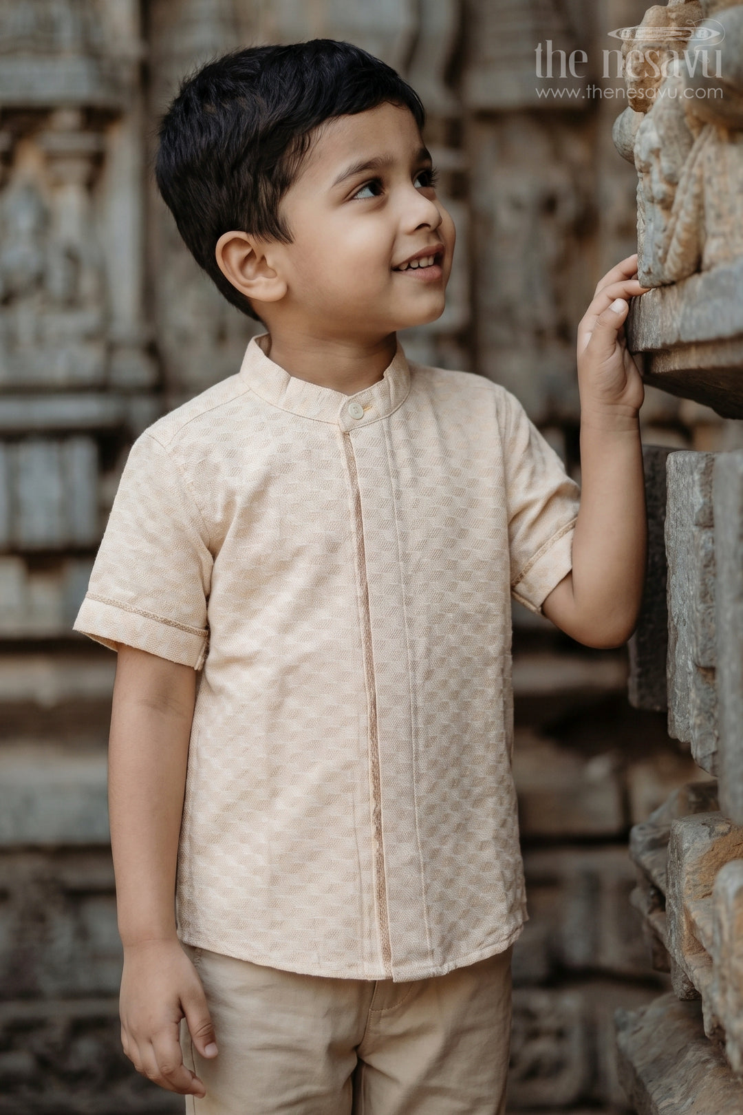 The Nesavu Boys Cotton Shirt Boys Cotton Shirt for Festive Family Visits Nesavu 16 (1Y) / Gold / Cotton BS512A-16 Nesavu Boys Cotton Shirt For Festive Family Visits With Mandarin Collar And Textured Weave