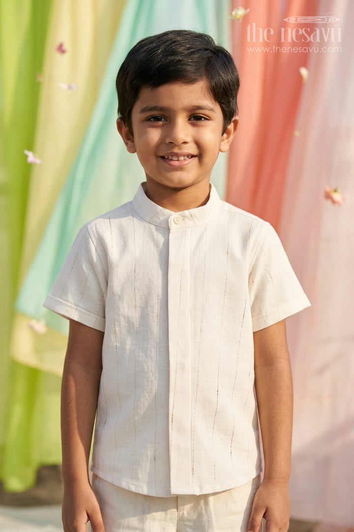 The Nesavu Boys Cotton Shirt Boys Cotton Shirt for Festive Occasions and Traditional Wear Nesavu 14 (6M) / Half white / Cotton BS454A-14 Nesavu Boys Cotton Shirt With Zari Design For Festive Occasions And Traditional Wear With Breathable Comfort