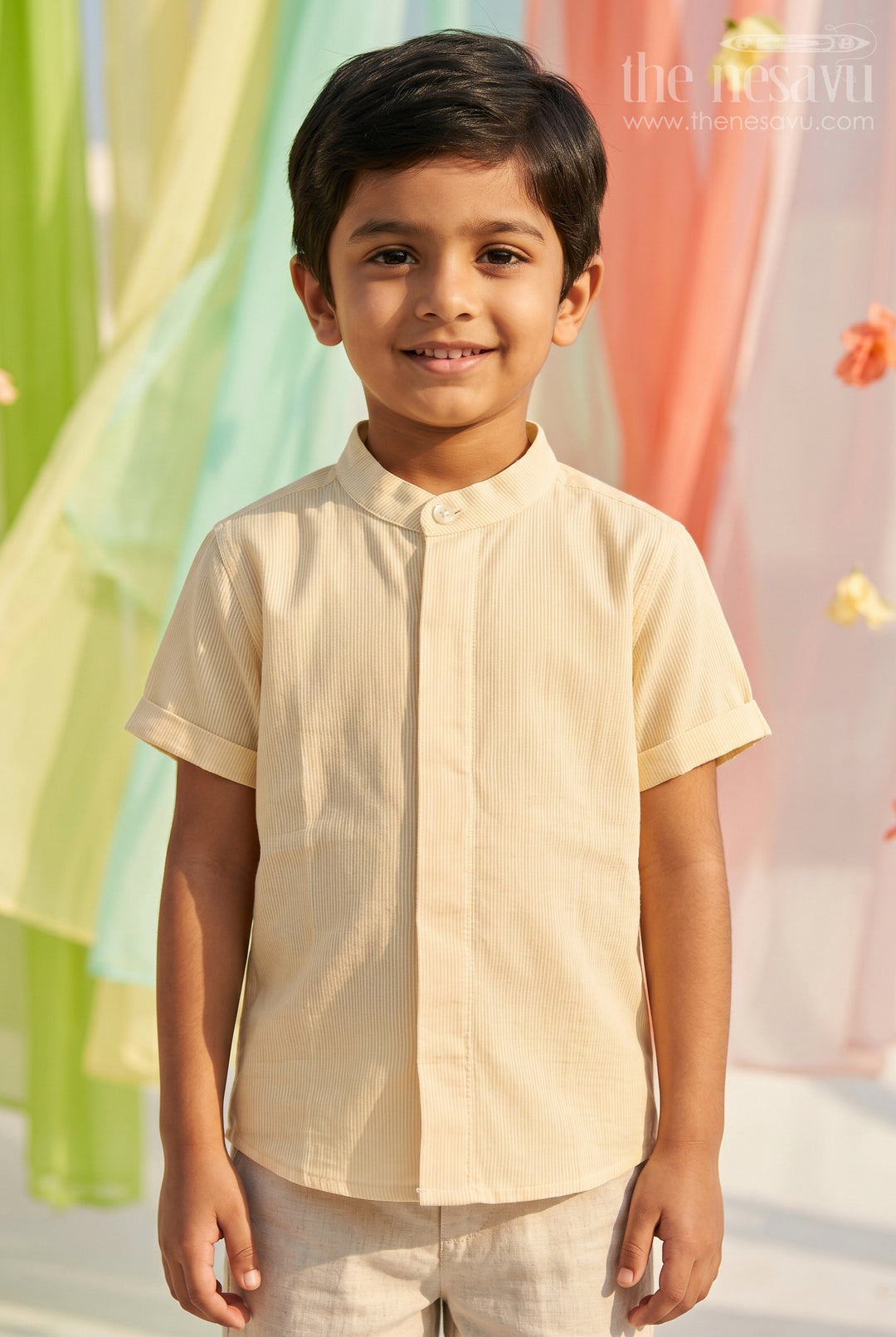 The Nesavu Boys Cotton Shirt Boys Cotton Shirt for Festive Outings and Everyday Style Nesavu 16 (1Y) / Beige / Cotton BS483A-16 Nesavu Boys Cotton Shirt For Festive Outings And Smart Casual Everyday Wear