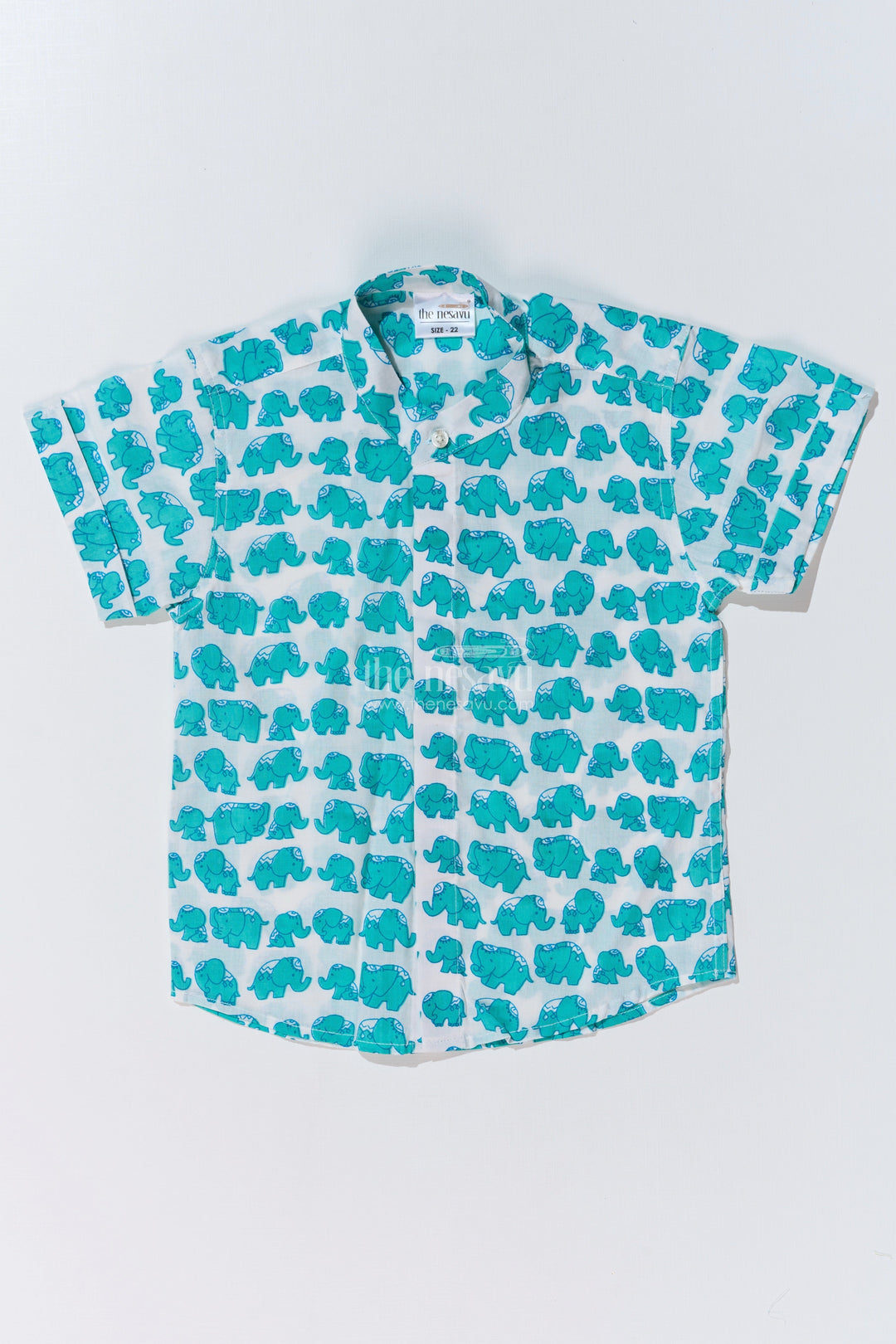 The Nesavu Boys Cotton Shirt Boys Cotton Shirt Half Sleeve in Cotton Block Print with Fun Elephant Pattern Nesavu 16 (1Y) / Turquoise BS247B-16 Boys Cotton Shirt Half Sleeve Cotton Block Print Green Elephant Print | The Nesavu