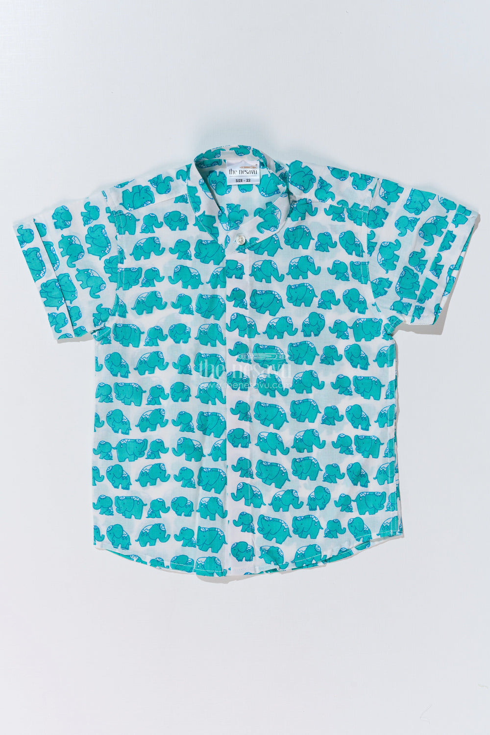 The Nesavu Boys Cotton Shirt Boys Cotton Shirt Half Sleeve in Cotton Block Print with Fun Elephant Pattern Nesavu 16 (1Y) / Turquoise BS247B-16 Nesavu Boys Cotton Shirt Half Sleeve Cotton Block Print Green Elephant Print