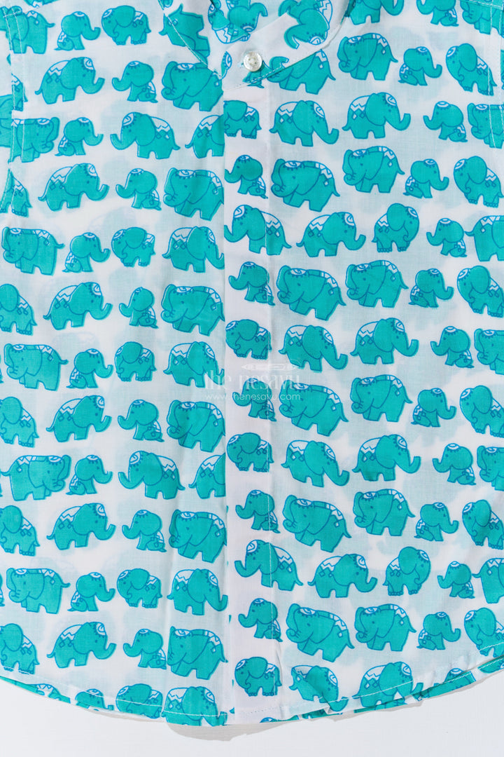 The Nesavu Boys Cotton Shirt Boys Cotton Shirt Half Sleeve in Cotton Block Print with Fun Elephant Pattern Nesavu Boys Cotton Shirt Half Sleeve Cotton Block Print Green Elephant Print | The Nesavu