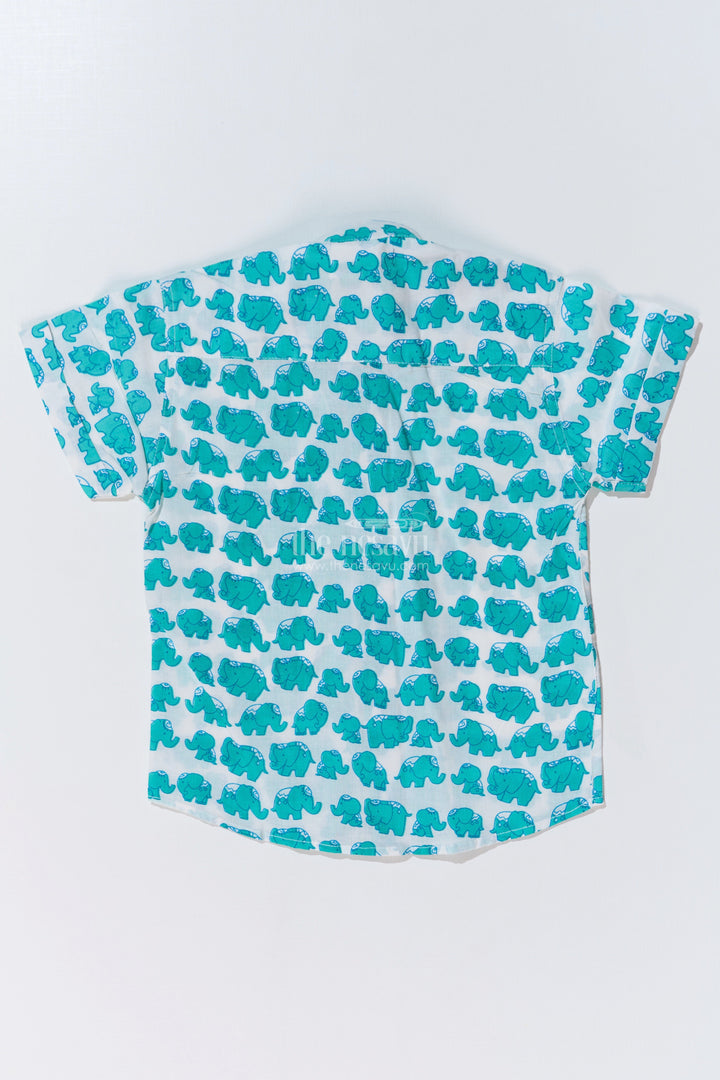 The Nesavu Boys Cotton Shirt Boys Cotton Shirt Half Sleeve in Cotton Block Print with Fun Elephant Pattern Nesavu Nesavu Boys Cotton Shirt Half Sleeve Cotton Block Print Green Elephant Print